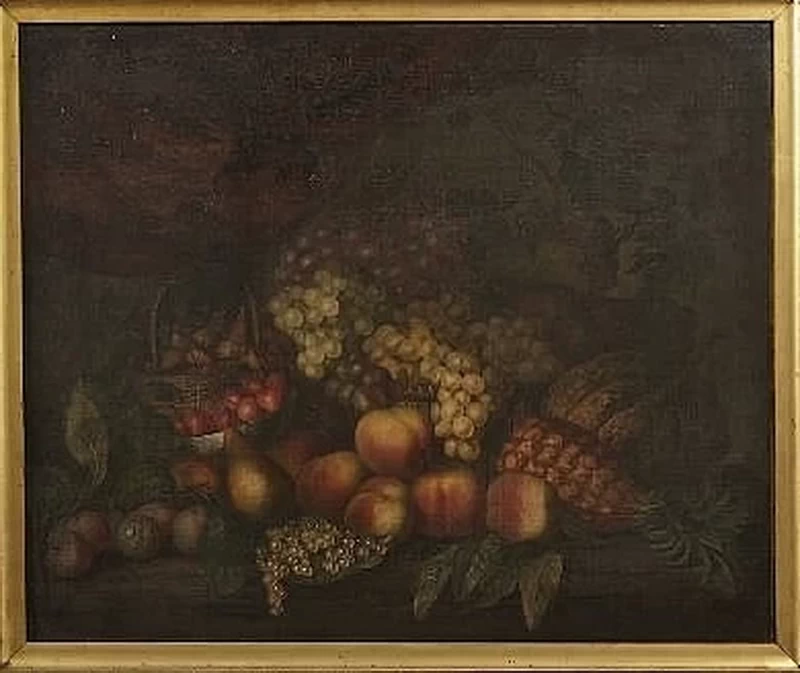 Natura morta con uva e altra frutta con cesti e una ciotola cinese su un bordo